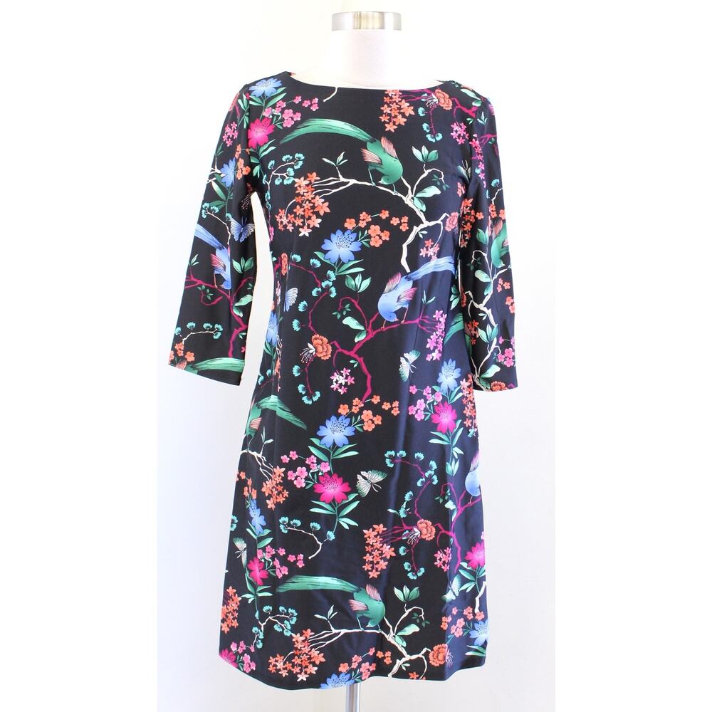 Jude Connally Black Floral Bird Print Jude Cloth 3/4 Sleeve Dress Size XS